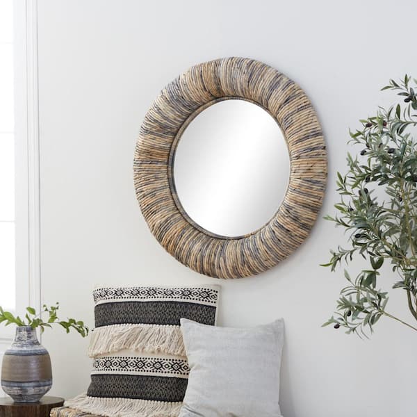 Litton Lane 35 in. x 35 in. Round Framed Gray Wall Mirror with Coiled Frame and Blue Accents