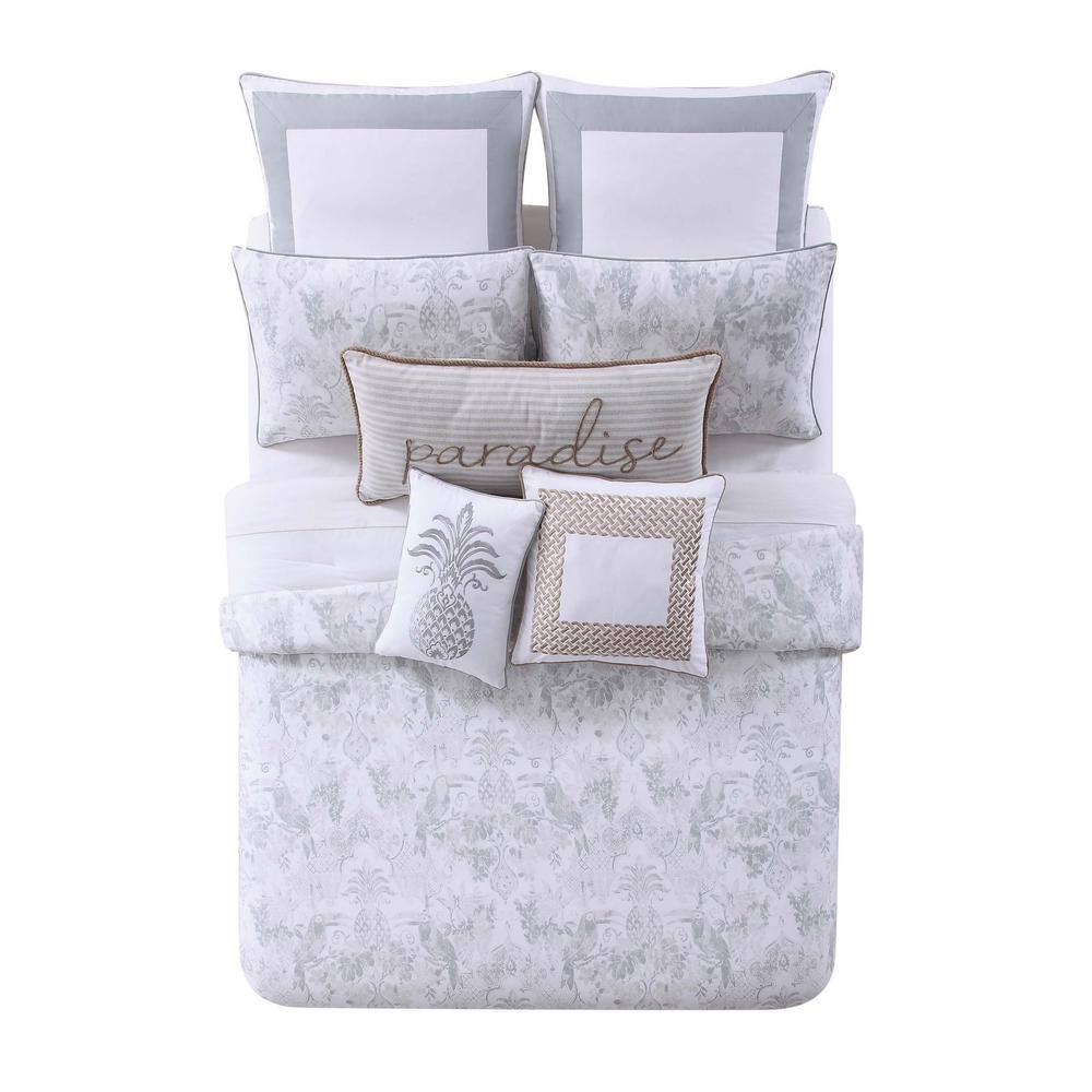 King White and Gray Cotton Tropical Toile Duvet Cover Set