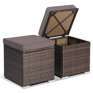 2-Piece Wicker Outdoor Patio Ottomans Hand-Woven PE Wicker Footstools with Removable Grey Cushions