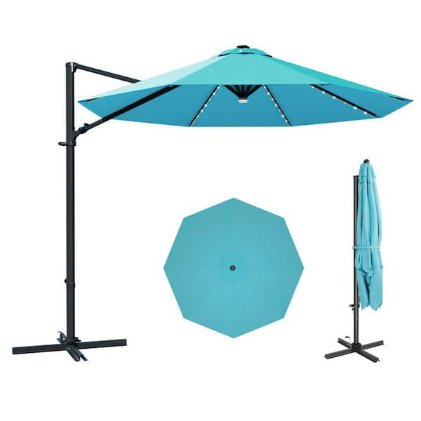 10 ft. x 10 ft. Market Cantilever Solar LED Patio Umbrella with 360° Rotation in Blue