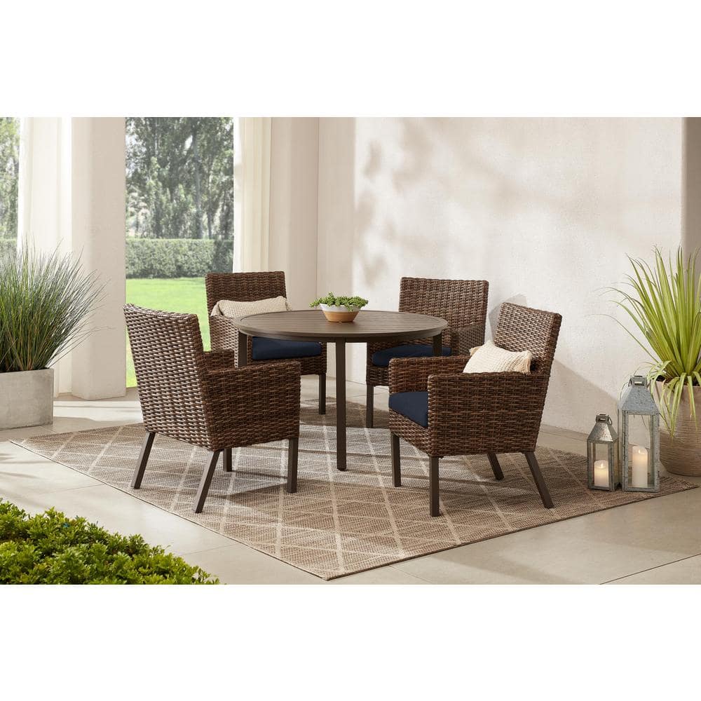 Hampton Bay Fernlake 5-Piece Brown Wicker Outdoor Dining Set with CushionGuard Midnight Cushions -  FRS60752B-ST