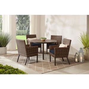 Fernlake 5-Piece Taupe Wicker Outdoor Patio Dining Set with CushionGuard Midnight Navy Blue Cushions
