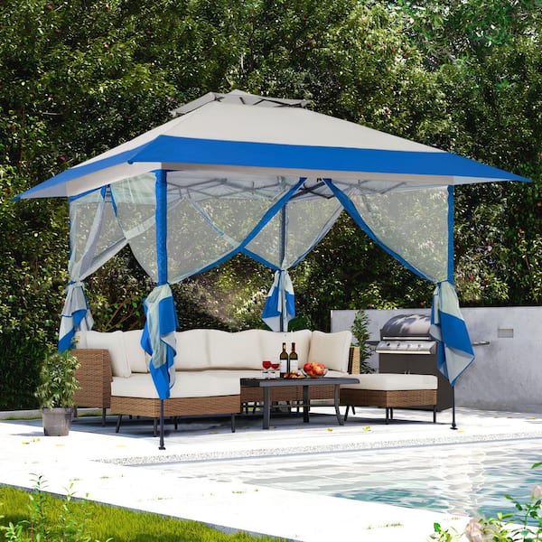 JEAREY 13 x 13 ft. Pop Up Gazebo with Netting Outdoor Patio Portable Canopy in Blue