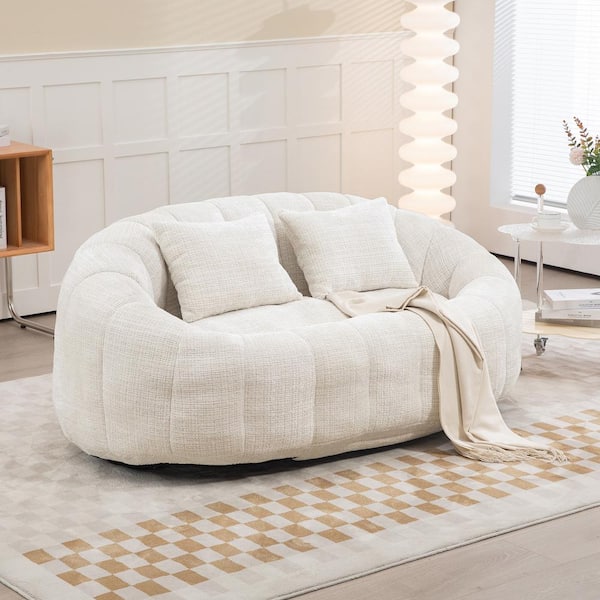 59 in. Beige Chenille 2-Seater Loveseat Comfort Lounger High Back Bean Bag Chair Lazy Sofa Couch with Pillows