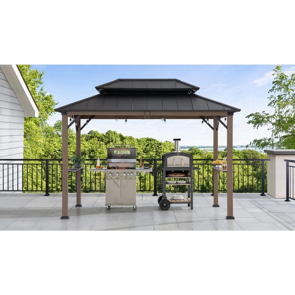 Sunjoy Sunjoy Wooden Grill Gazebo, 9.5 x 11.8 ft. Steel Hardtop Outdoor Gazebo for Year-Round Grilling, 2 Full Size Grills, Griddles or Smokers - Cook Station, Barbeque, Built-in Electrical Outlets