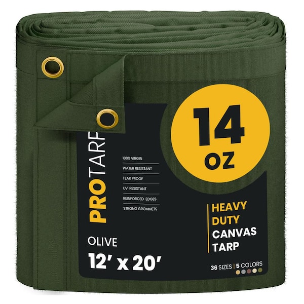 PROTARP Heavy Duty 14 OZ Water Resistant Canvas Tarp, UV Resistant Tarpaulin Cover Olive 12X20