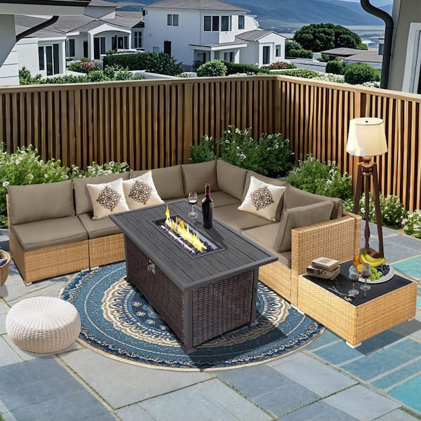 7 Pieces Outdoor Wikcer Patio Furniture Set with Coffee Brwon Cushions and 48 Inch Propane Gas Fire Pit Table