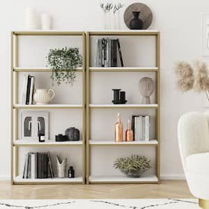 Oscar 59 in. White/Gold Brass Wood and Metal 5-Shelf Modern Etagere Bookcase with Storage Shelves, Set of 2