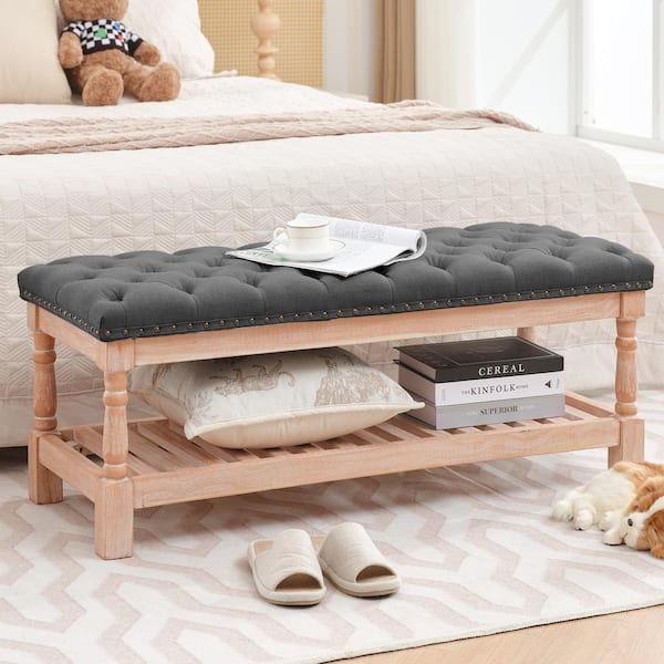Carbon Gray Linen Upholstered Storage Nailhead Trim Bedroom Bench with Solid Wood Legs
