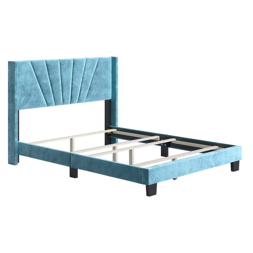 Sapphira Queen Aqua Velvet Upholstered Platform Bed with Tufted Headboard
