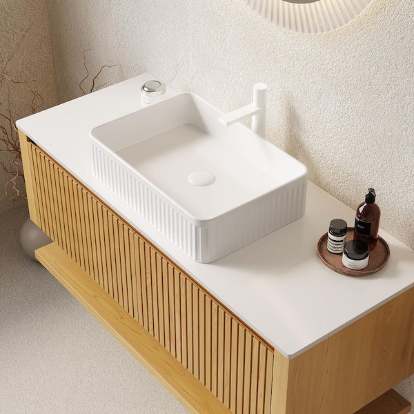 Loiry 48 in. Modern Floating Corolla Oak Woodgrain Bath Vanity with White Sintered Stone Top Pre-assembled