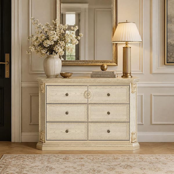 Kingdely Light Antique Champagne Gold Finish 6 Drawer 41.7 in. W Chest of Drawers, Dresser, Sideboard in Vintage Glam Style L-THD-200326-01-qkc
