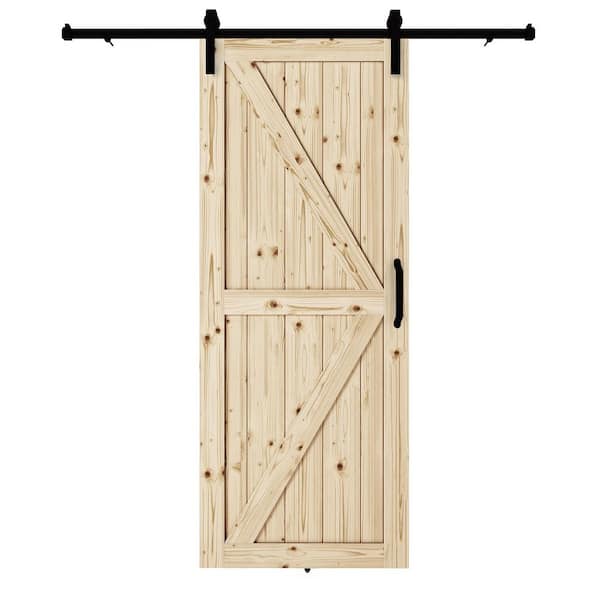 Unbranded 37 in. x 84 in. Artisan Unfinished Natural Pine Sliding Barn Door with Black Hardware Kit