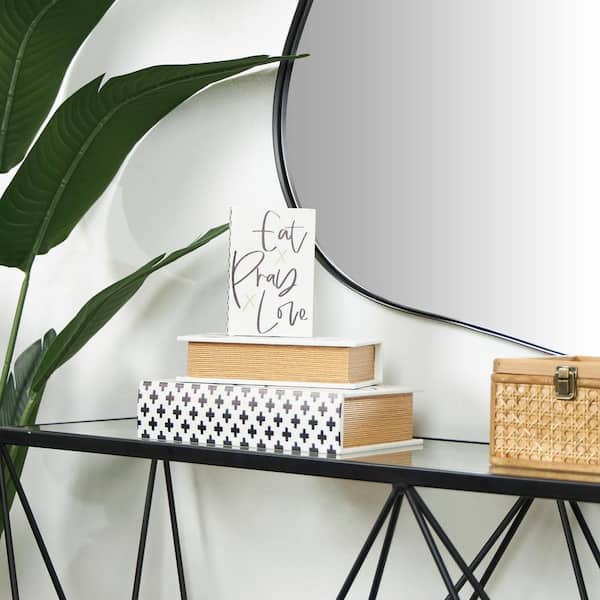 Litton Lane Rectangle Wooden Eat, Pray, Love Faux Storage Book Box with Checkered Spine and Gold Accents (Set of 3)