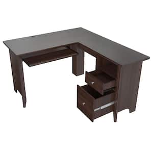 53.1 in. Espresso Wengue L-Shaped 2 -Drawer Computer Desk with Keyboard Tray