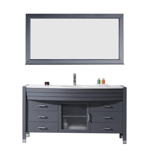 Virtu USA Ava 62 in. W Bath Vanity in Gray with Stone Vanity Top in White with Round Basin and Mirror