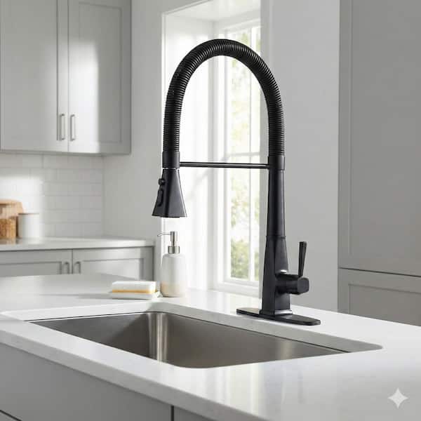 Spring 21 in. Single Handle Pull Down Sprayer Kitchen Faucet with 3-Mode Spray 360° Spout Swivel in Matte Black