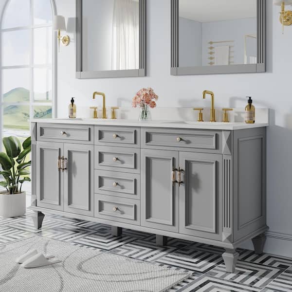 72 in.W x 22 in.D x 35 in.H Solid Wood Certified Double Sink Bath Vanity in Grey Stain-resistant Quartz Top,Soft-Close