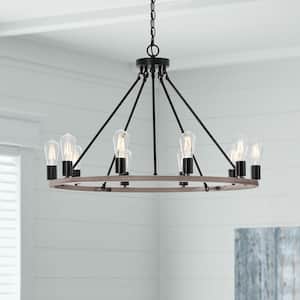 Stratton 10-Light Black and Woodgrain Wagon Wheel, Industrial Farmhouse Dining Room Chandelier with Bulbs Included