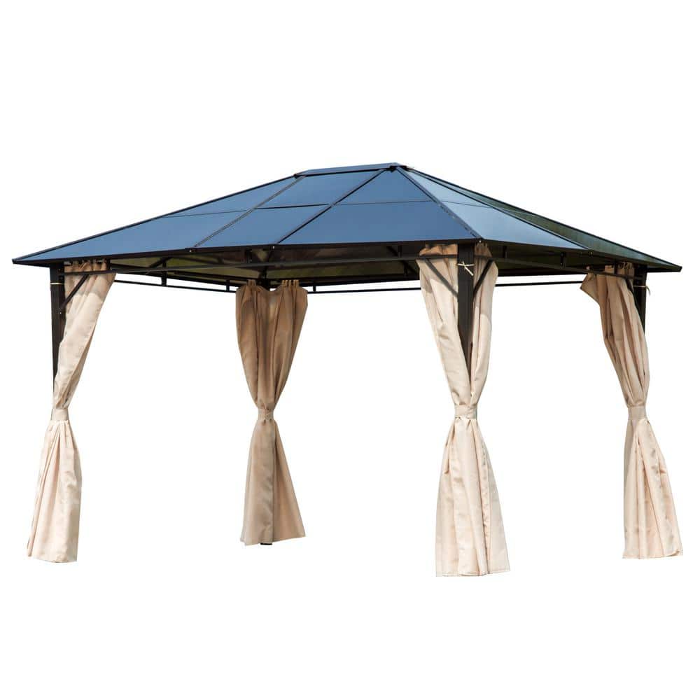 Natural Wood and Steel Hardtop Gazebo with Curtains