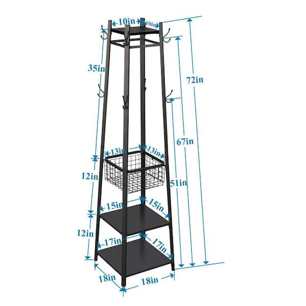 Black Industrial Coat Rack Freestanding, Clothes Stand with Metal Basket and 2-Shelves, Purse Hanger with 8-Dual Hooks