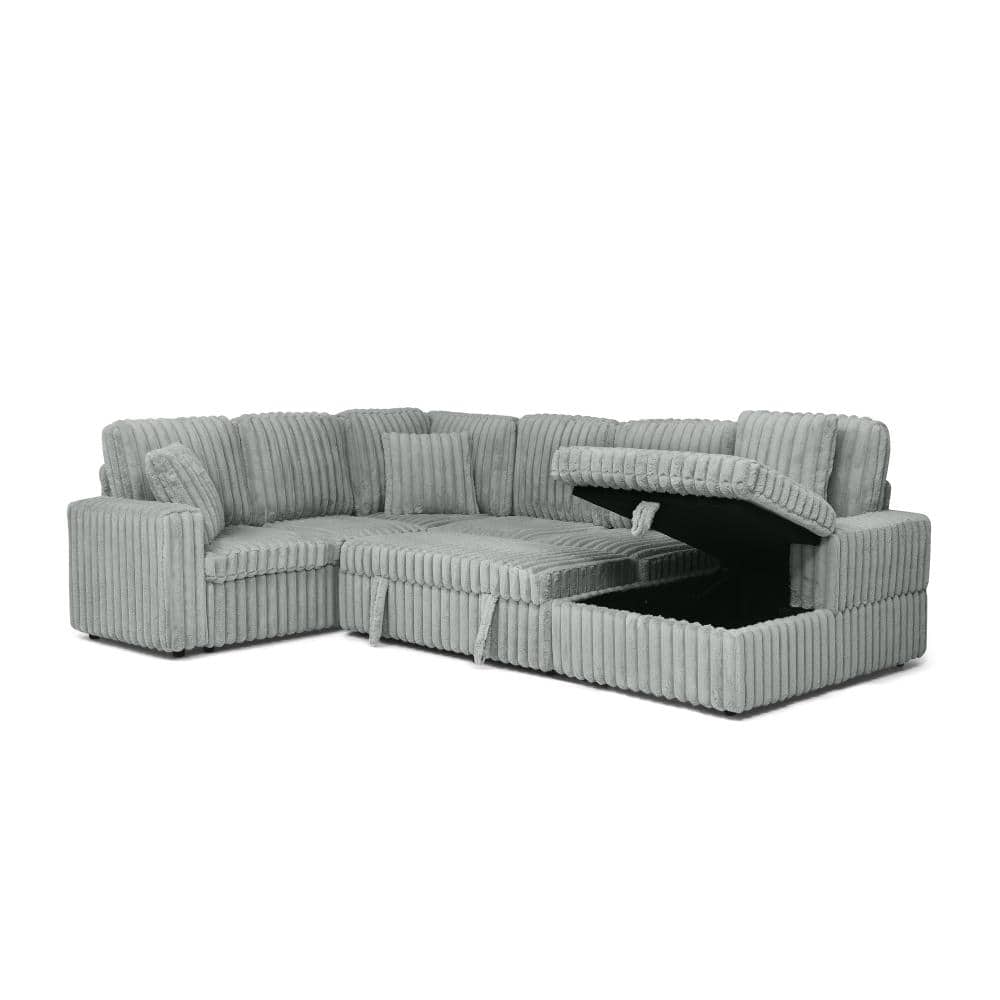 114 in. U-Shape 6-piece Corduroy with Pull-out Bed and Storage Chaise Sectional Sofa in Grey