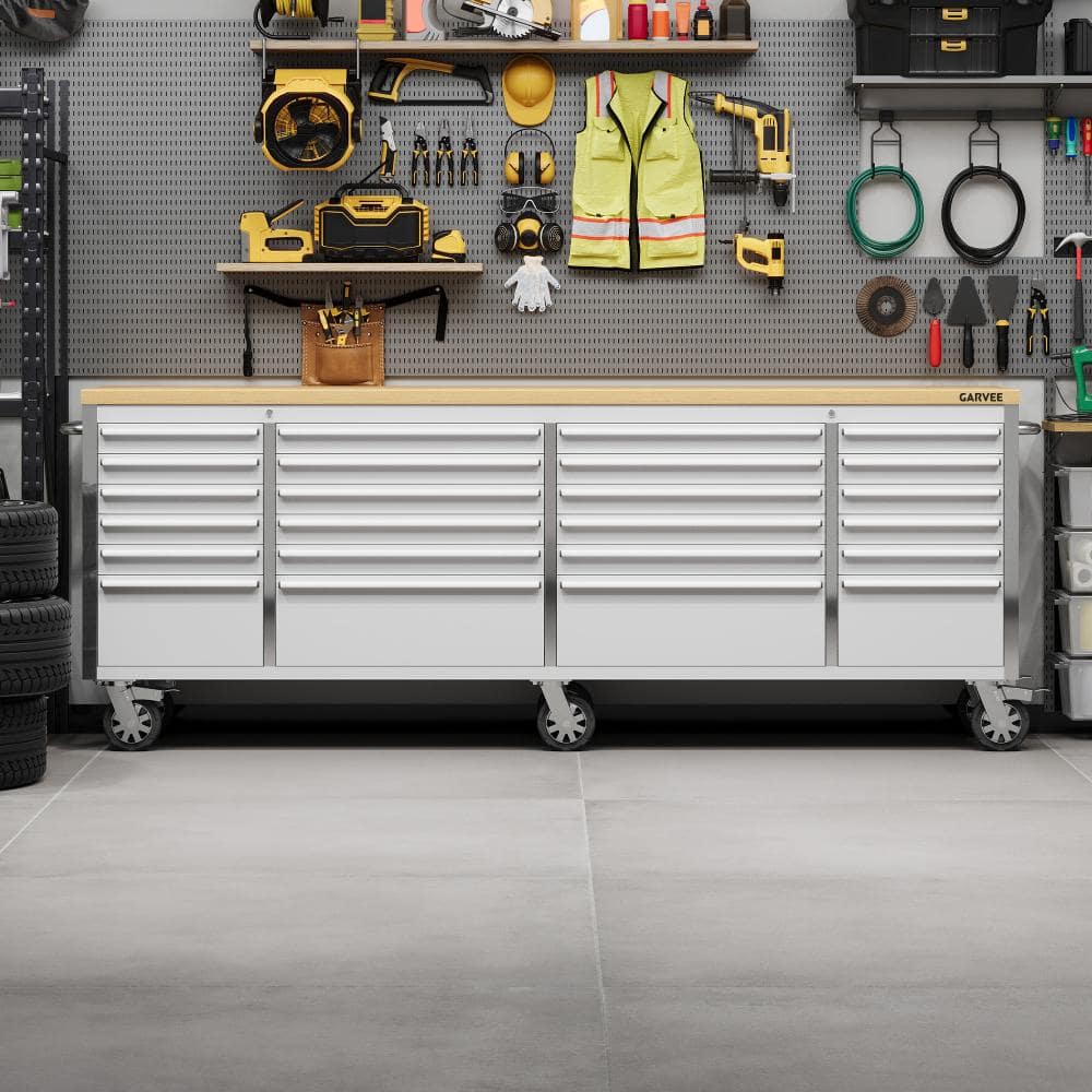"96"" Heavy-Duty Rolling Tool Chest & Workbench 24 Lockable Drawers w/ Liners, Steel Tool Cabinet, Rubberwood Top" price history on PriceWatchPro