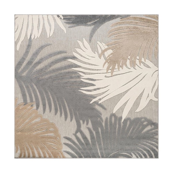 Contemporary Tropical Large Floral Gray 6 ft. 6 in. x in. 6 ft. 6 in. Square Indoor/Outdoor Area Rug