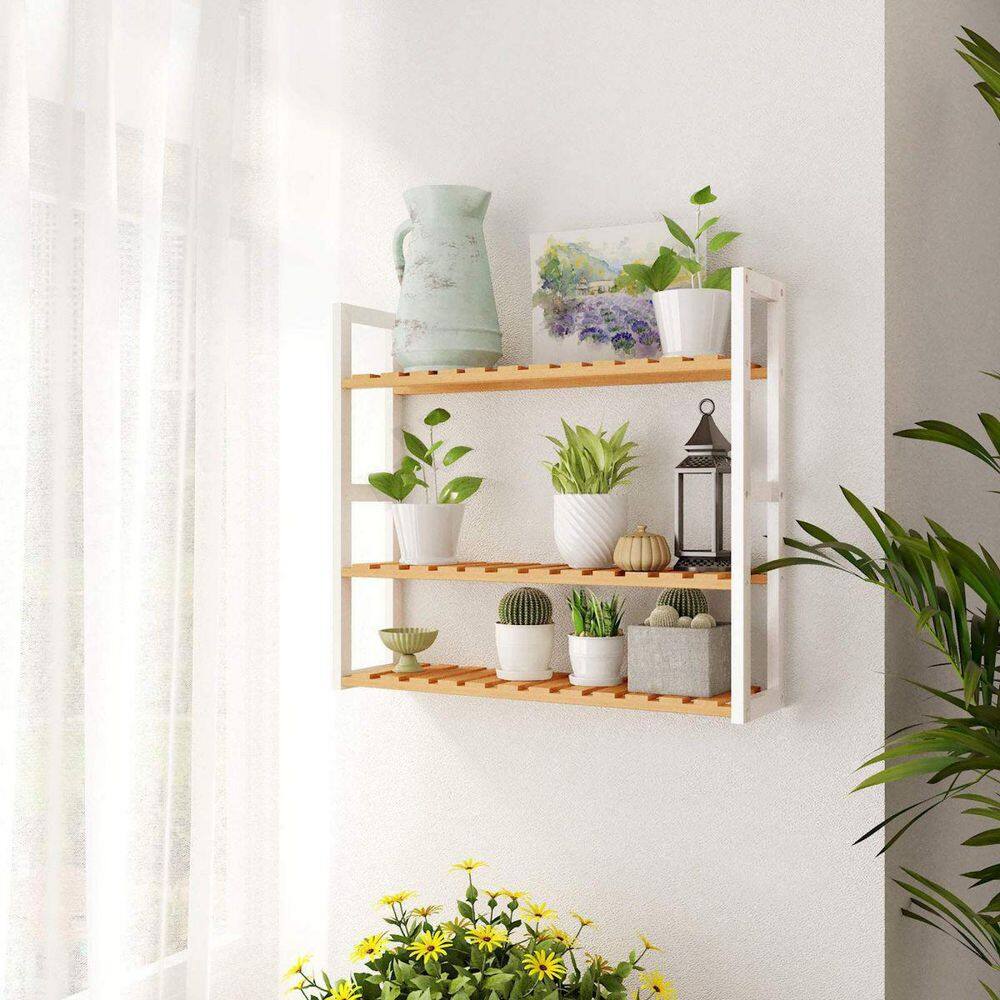 Natural Bamboo and White Adjustable 3-Tier Utility Shelf