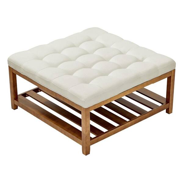 Large Square Ottoman Coffee Table, 34.5 in. Tufted Coffee Table with Solid Wood Shelf Storage, 400 LBS., Off-White
