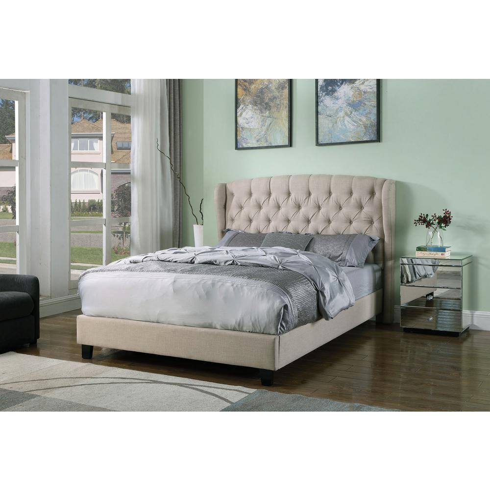 King Beige Linen Upholstered Tufted Wood Platform Bed