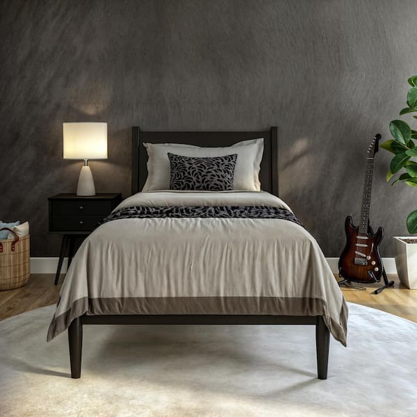 Camaflexi Mid-Century Black Solid Wood Frame, Twin Size, Panel Headboard, Platform Bed