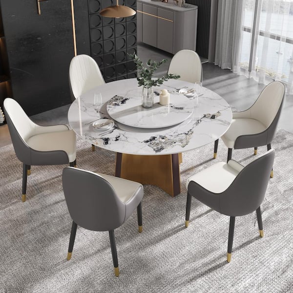 Pandora White Marble 53 in. Pedestal Dining Table Seats 6 with Lazy Susan