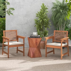 Solid Wood Outdoor Dining Chairs with Off White Cushions and Slatted Seat (2-Pack)