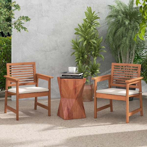 Unbranded Solid Wood Outdoor Dining Chairs with Off White Cushions and Slatted Seat (2-Pack)