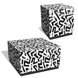 "Intertwined I & II" Reverse Printed Beveled Art Glass Cocktail Table & Side Table with Black Plinth Base, Set of 2