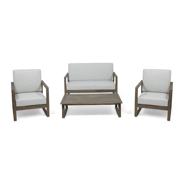 Belgian Grey 4-Piece Wood Outdoor Patio Conversation Seating Set with Light Grey Cushions
