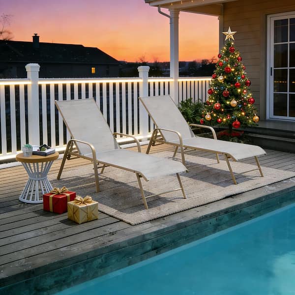 2-Piece Khaki Aluminum Adjustable Outdoor Patio Chaise Lounge with Armrest in White Gray