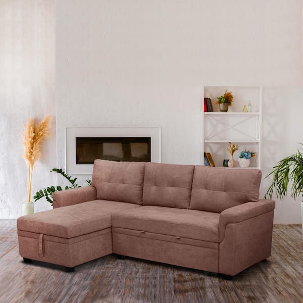 HOMESTOCK 84.64 in. Velvet L-Shaped Sleeper Sectional Sofa in Mocha with Square Arms, Reversible Chaise and Pull-Out Sofa Bed