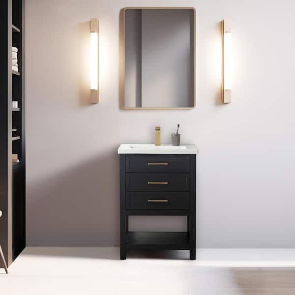SUDIO Oliver 24 in. W x 18 in. D x 34 in. H Bath Vanity in Black Oak with White Ceramic Vanity Top