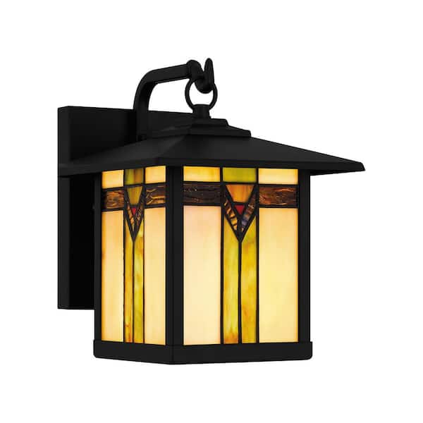 Home Decorators Collection Sumner 9.13 in. Matte Black Tiffany Hardwired Outdoor Wall Light Lantern Sconce with No Bulb Included