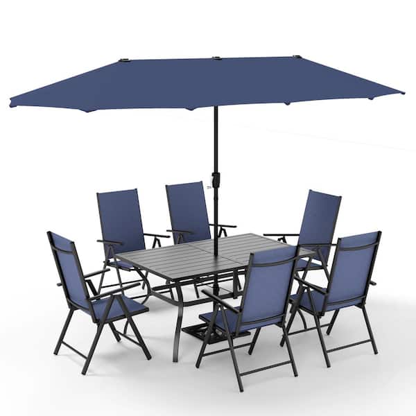 PHI VILLA 8-Piece Metal Patio Outdoor Dining Set with Umbrella and Blue Folding Reclining Sling Chair