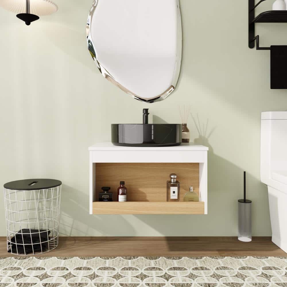 24 in. Wall-Mounted Single Light Oak Bath Vanity with Black/White Ceramic Top Unassembled price history on PriceWatchPro