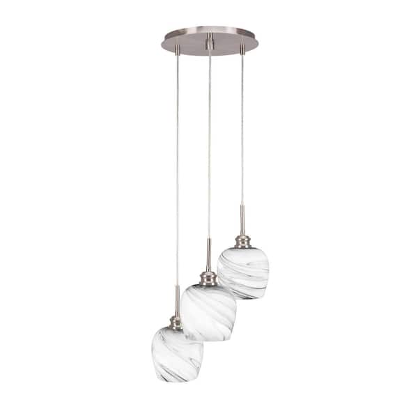 Unbranded Albany 60-Watt 12.25 in. 3 Light Brushed Nickel Shaded Pendant Light with 6 in. Onyx Swirl Glass Shade No bulbs included