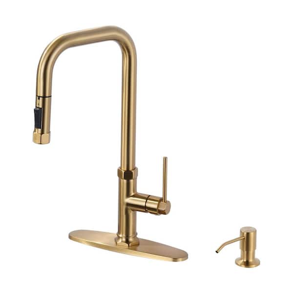 17 in. Single Handle Pull Down Sprayer Kitchen Faucet with 360° 2-Mode Spray and Soap Dispenser in Brushed Gold