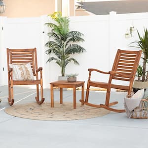 Brown 3-Piece Acacia Wood Traditional Rocking Chair Outdoor Chat Set with Slatted Square Side Table