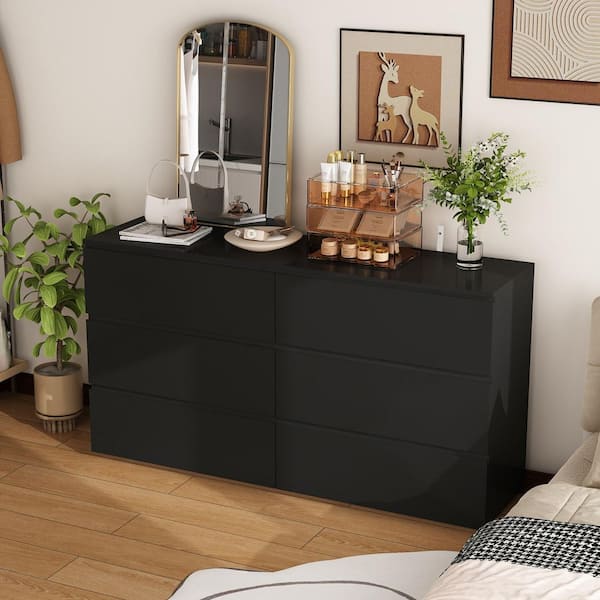 Black 6-Drawers 59 in. W Wooden Dresser without Mirror, Chest of Drawers, Storage Sideboard