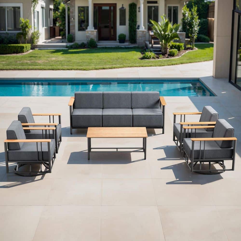 Puffin 6-Piece Black Metal Patio Conversation Set with Sofa, Gliders, and 10 in. Thick Dark Gray Olefin Cushions