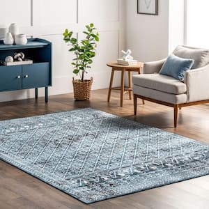 Prestyn Machine Washable Faded Tribal Trellis Blue Doormat 3 ft. 3 in. x 5 ft. Accent Rug