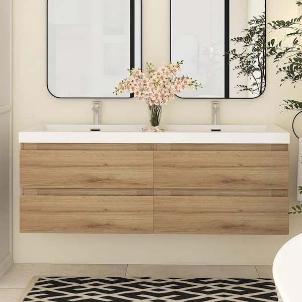 58.5 in. W x 19.5 in. D x 22.5 in. H Double Sink Wall-Mounted Bath Vanity in Natural Oak with White Resin Top